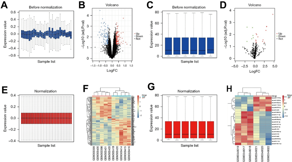 (A) GSE11886 pictures of the database prior to the quantitative normalization. (B) The GSE11886 dataset was screened according to PC) Images of GSE118806 data set after standardized processing. (D) Volcano map of the GSE118806 dataset. (E) Image after quantitative standardization processing of the GSE11886 database. (F) Pheatmap software package in R software was used to draw DEGs cluster analysis heatmap. (G) Images after standardized processing of the GSE118806 dataset. (H) Clustering heat map of the GSE118806 dataset.
