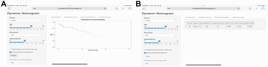 Web-based calculator for estimating the survival probability. (A) By entering the specifics of the sepsis into the web-based program, the participant’s survival probability can be determined (https://predict2023.shinyapps.io/survival/). (B) Numerical summary of the model.