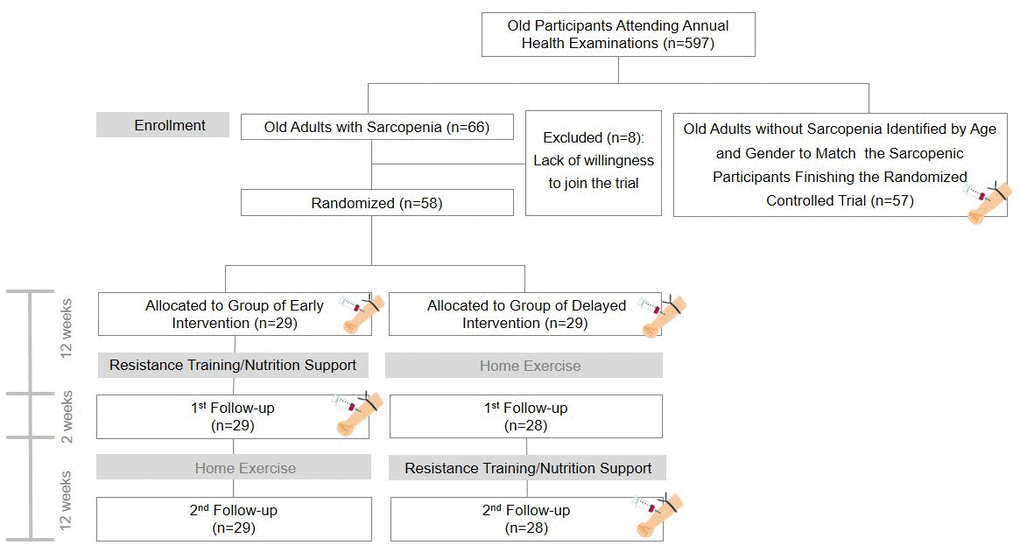 Flow diagram of participant recruitment. In this flow diagram, the blood drawing icon signifies the examination of pro-inflammatory cytokines.