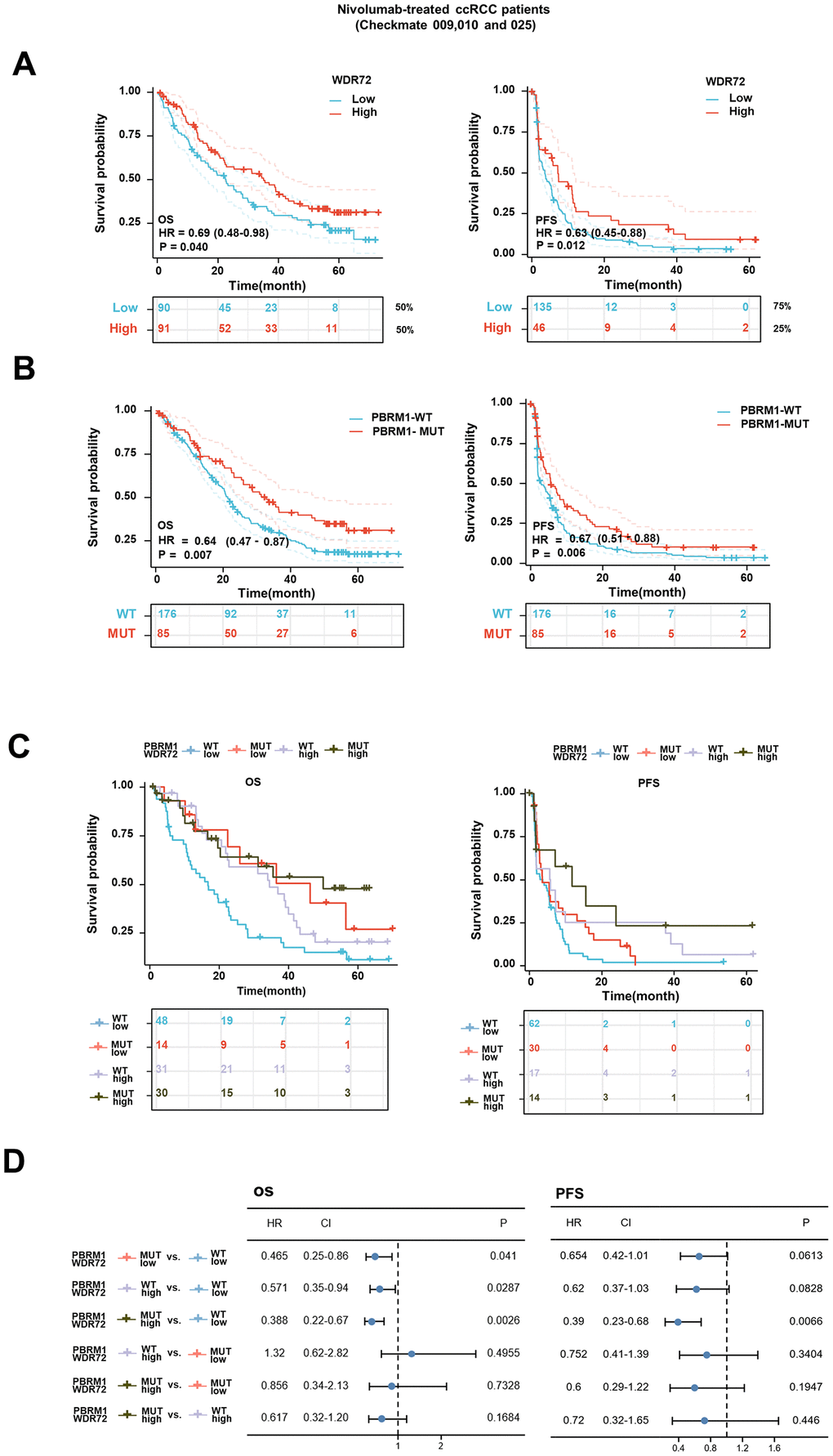 Survival analysis for patients with advanced ccRCC treated with Nivolumab and stratified by WDR72 expression and PBRM1 mutational status. (A) Kaplan-Meier curves showing OS (left panel) and PFS (right panel) in patients treated with Nivolumab divided into WDR72-High group (≥50% for OS, ≥75% for PFS) and WDR72-Low group (B) Kaplan-Meier curves showing OS (left panel) and PFS (right panel) in patients treated with Nivolumab divided PBRM1-WT and PBRM1-MUT in all Checkmate cohorts. (C) Kaplan-Meier curves (OS: left panel, PFS: right panel) stratified by WDR72 expression and PBRM1 mutational status for patients treated with Nivolumab in the entire cohort, according to 50rd (OS) or 75rd (PFS) percentile of WDR72 expression values. (D) Analysis of the prognostic significance of WDR72 expression and PBRM1 mutational status in patients treated with Nivolumab. Abbreviations: WDR72, WD repeat-containing protein 72; PBRM1, Recombinant Polybromo1; ccRCC, clear cell renal cell carcinoma; OS, overall survival; PFS, progression free survival; MUT, mutated; WT, wild type. HR, hazard ratio; CI, confidence interval.