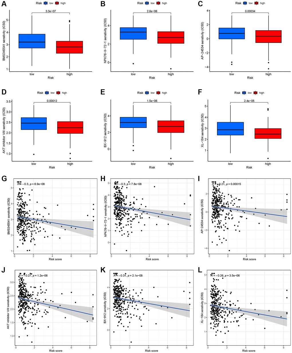 Chemotherapy drug response prediction for EEA in high- and low-risk EEA patients. (A) BMS345541. (B) NPK76-II-72-1. (C) AP-24534. (D) AKT inhibitor VIII. (E) BX-912. (F) XL-184. (G–L) Correlation analysis between risk group and 6 chemotherapy drugs.