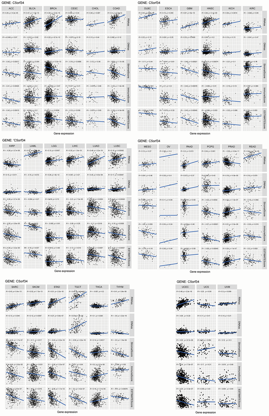 Relationship of C5orf34 expression with stromal scores, RNA stemness scores, DNA stemness scores, immune scores, and ESTIMATE scores in pan-cancer.