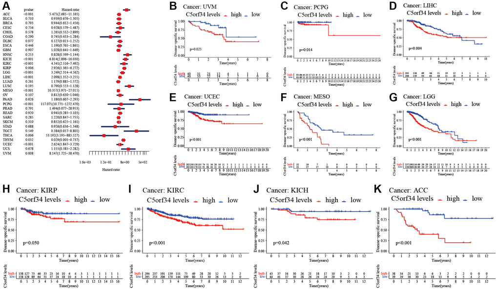 Relationship of C5orf34 expression with disease-specific survival in pan-cancer. (A) The forest plots of C5orf34 in pan-cancer’s disease-specific survival; (B–K) C5orf34’s survival curves as regards disease-specific survival of pan-cancer samples.
