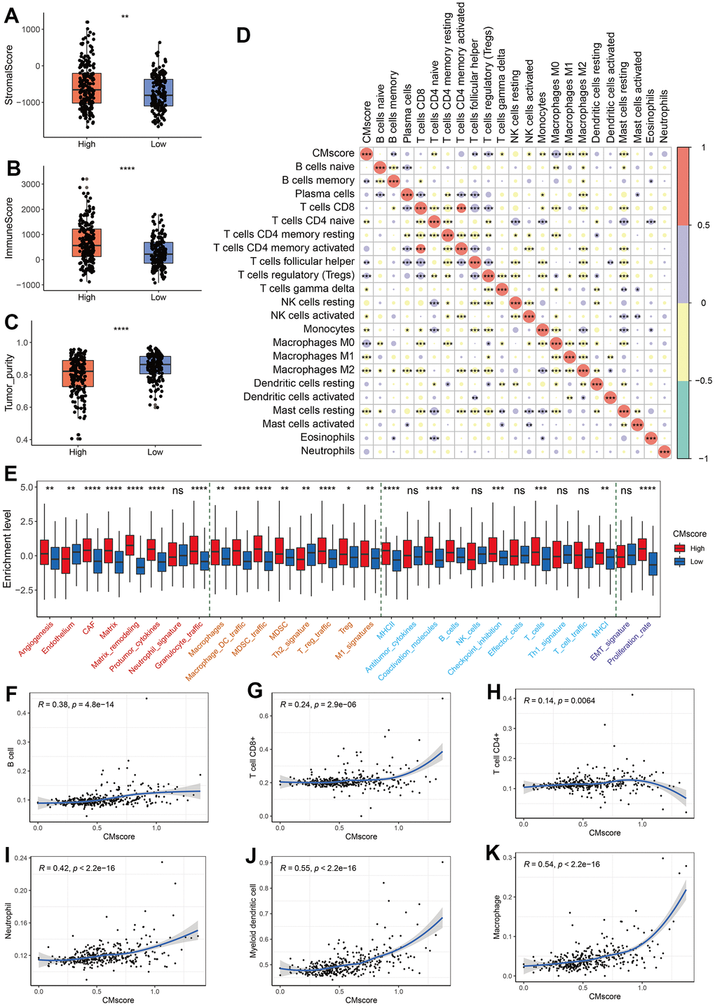 Immune profile of CMscore-based HCC groups. (A–C) Box and dot plot showing stromal score (A), immune score (B), and tumor purity of HCC patients from high- and low-CMscore subgroups. Wilcoxon test was used for data analyses. (D) Correlation analyses between CMscore and infiltration of 22 types of immune cells estimated by CIBERSORT method. (E) The box plot showing the enrichment score of 29 Fregs in HCC patients from the low- or high-CMscore subgroups. The “Angiogenesis Fibroblasts” related terms were marked with red font, the “Pro-tumor immune infiltrate” related terms were with yellow font, the “Anti-tumor immune infiltrate” related terms were with blue font, and “EMT signature / proliferation rate” related terms were with purple font. (F–K) Correlation analyses between CMscore and infiltration of 6 types of immune cells estimated by the TIMER website online. P-values were shown as *p 