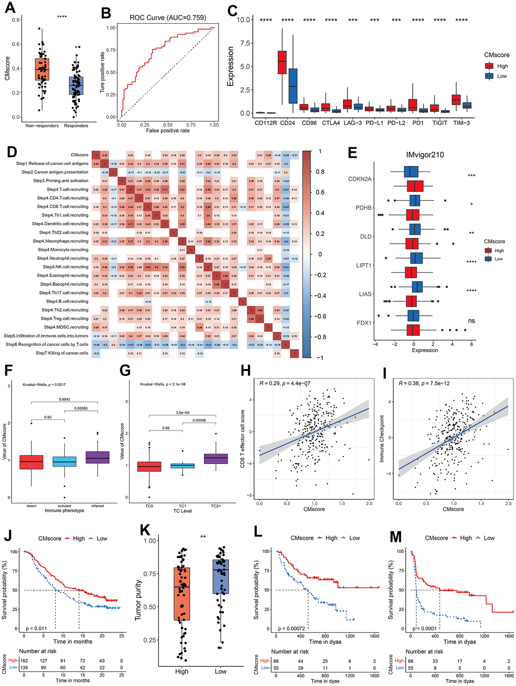 Guidance of CMscore in the therapy for HCC patients. (A) The box and dot plot showing the value of CMscore between responders and non-responders to TACE. Wilcoxon test was used for data analyses. (B) The AUC value of CMscore in predicting non-responsiveness of HCC patients to TACE. (C) The boxplot showing the expression of ICI-related genes in high- and low-CMscore subgroups of the TCGA