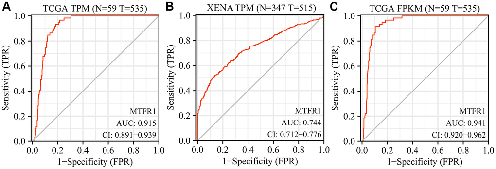 Diagnostic values of MTFR1 in LAC from the TCGA and XENA databases. (A, B) The data of TPM type; (C) The data of FPKM type. Abbreviations: LAC: lung adenocarcinoma; TCGA: The Cancer Genome Atlas; TPM: transcripts per million; FPKM: Fragments Per Kilobase Million.