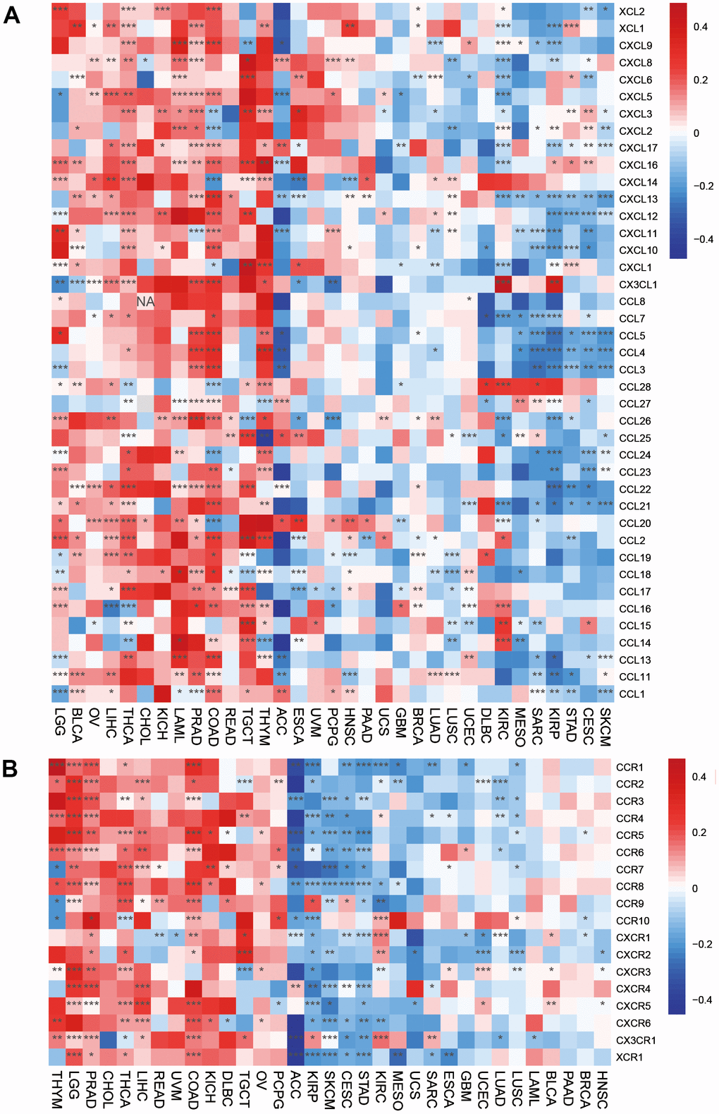 Associations between HOXC10 expression and (A) chemokine genes and theirs (B) receptors genes.