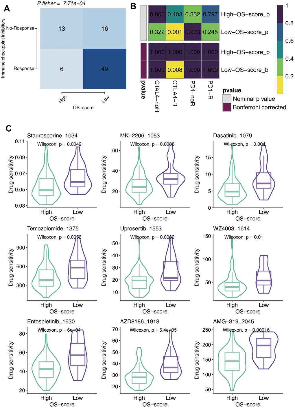Immunotherapy and chemotherapy of OXS-signature for TARGET-OS. (A) Comparison of the ICB response rates between groups with high OS-scores or low OS-scores; (B) SubMap analysis for OXS-signature in TARGET-OS; (C) Box plots of estimated IC50 for six chemotherapeutic agents in high- or low-OS-score groups, with green images representing the group with higher OS-scores, and purple images representing the group with lower OS-scores.