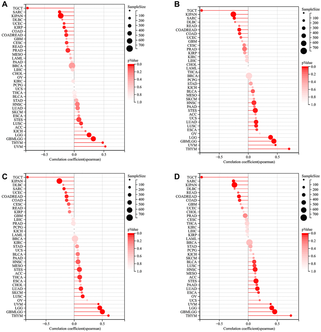 The relationship of LTBR expression with tumor stemness index from (A) DMPss, (B) DNAss, (C) ENHss, (D) EREG-METHss algorithm.