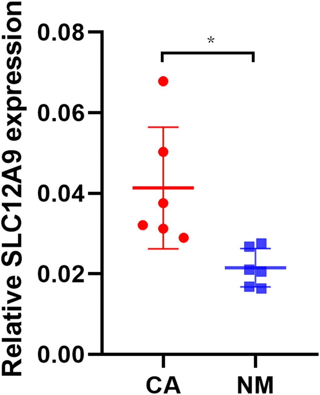 The qRT-PCR of SLC12A9. The results demonstrated a significant upregulation of SLC12A9 expression in colon cancer compared to the paired normal tissue samples (p 