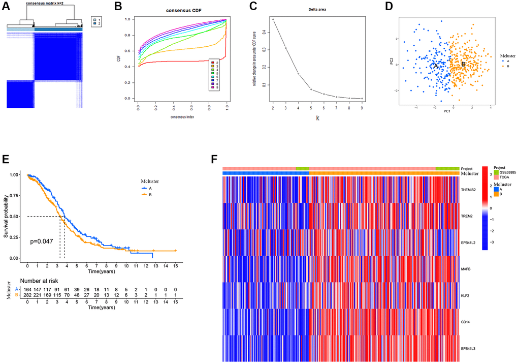 TMAGs-based identification of ovarian cancer subtypes. (A) Patients in two cohorts were grouped into two clusters according to the consensus clustering matrix (k = 2). (B) CDF curves of the consensus score (k = 2–9) in the two cohorts. (C) Relative change in the area under the CDF curve (k = 2–9) in the two cohorts. (D) PCA plot for OSCC patients based on the Mcluster. (E) Kaplan–Meier survival analyses of the patients with Mcluster A and Mcluster B. (F) Heatmap showing the distribution of expression of genes in the model.