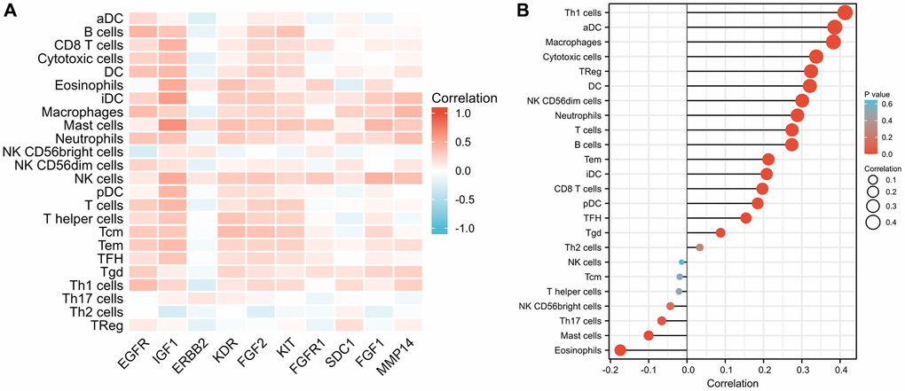 Comparison of infiltration levels in 24 common immune cells between low and high expression groups of 10 ETGs (A) and miR-221-3p (B).