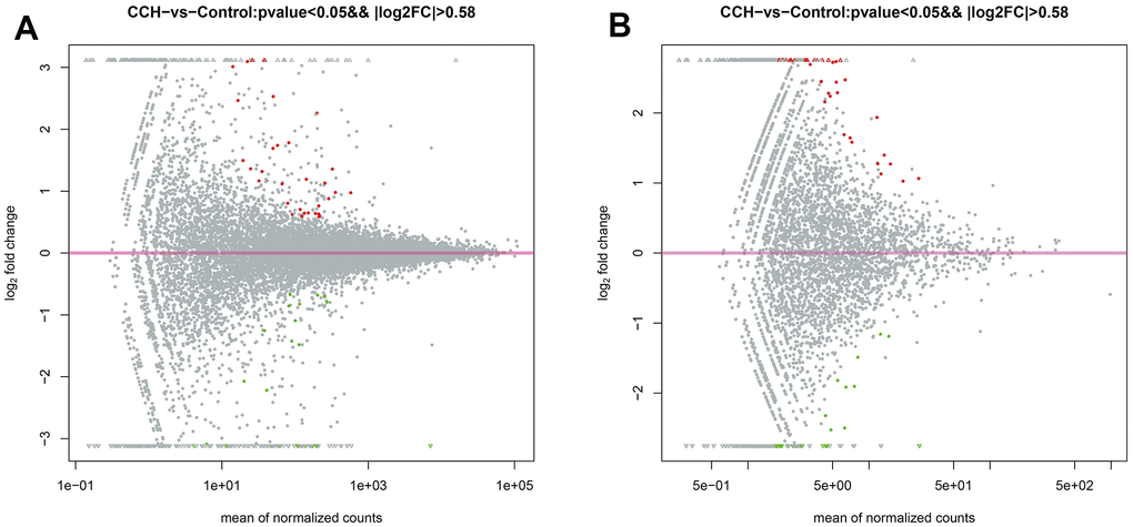 The MA plot of RNA sequencing data. (A) The MA plot of mRNA data; (B) The MA plot of circRNA data. The Y-axis indicates the log2(fold change), and the X-axis indicates the mean of normalized counts. The pink horizontal line represents the boundary between increased and decreased gene expression. [(Con group, n=3), (2VO group, n=3)].