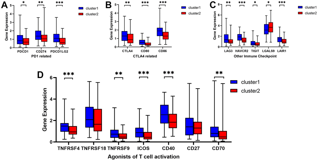 Comparative analysis of targets of immunomodulatory drugs in clinical trials for metastatic esophageal cancer between two clusters. The expression levels of immunomodulatory targets related to PD1 (A), CTLA4 (B), other immune checkpoint molecules (C), and agonists of T cell activation (D) varied between Cluster 1 and Cluster 2. *P P P 