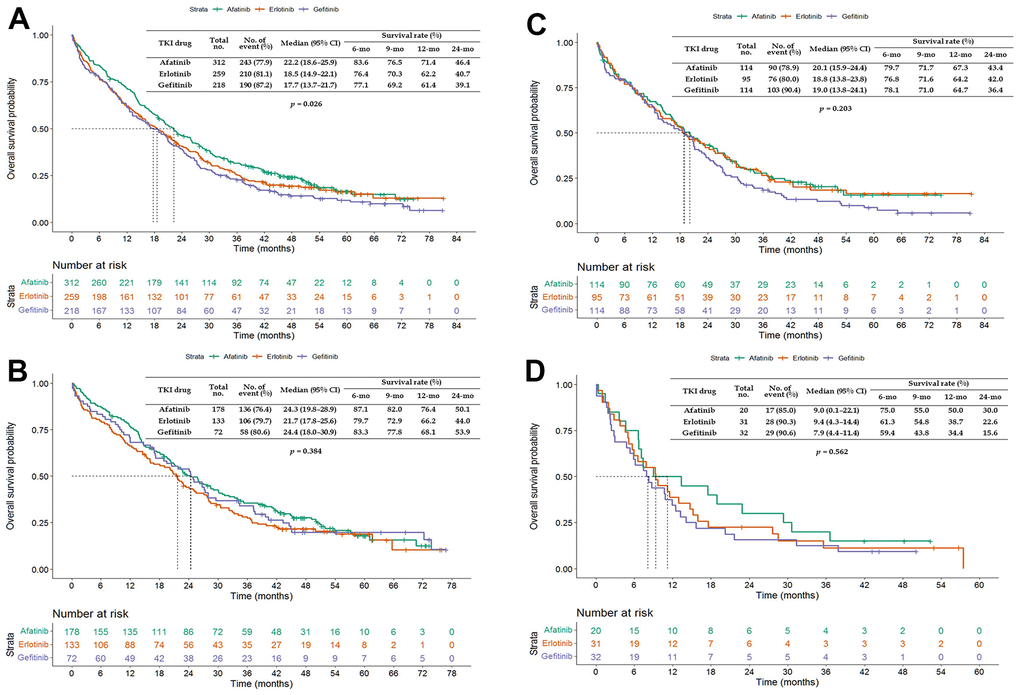 Kaplan–Meier curves of overall survival (OS) of elderly patients treated with afatinib, erlotinib, or gefitinib. (A) Overall age ≥65 years; (B) age 65–74 years; (C) age 75–84 years; and (D) age ≥85 years. Abbreviations: TKI, tyrosine kinase inhibitor; CI, confidence interval.