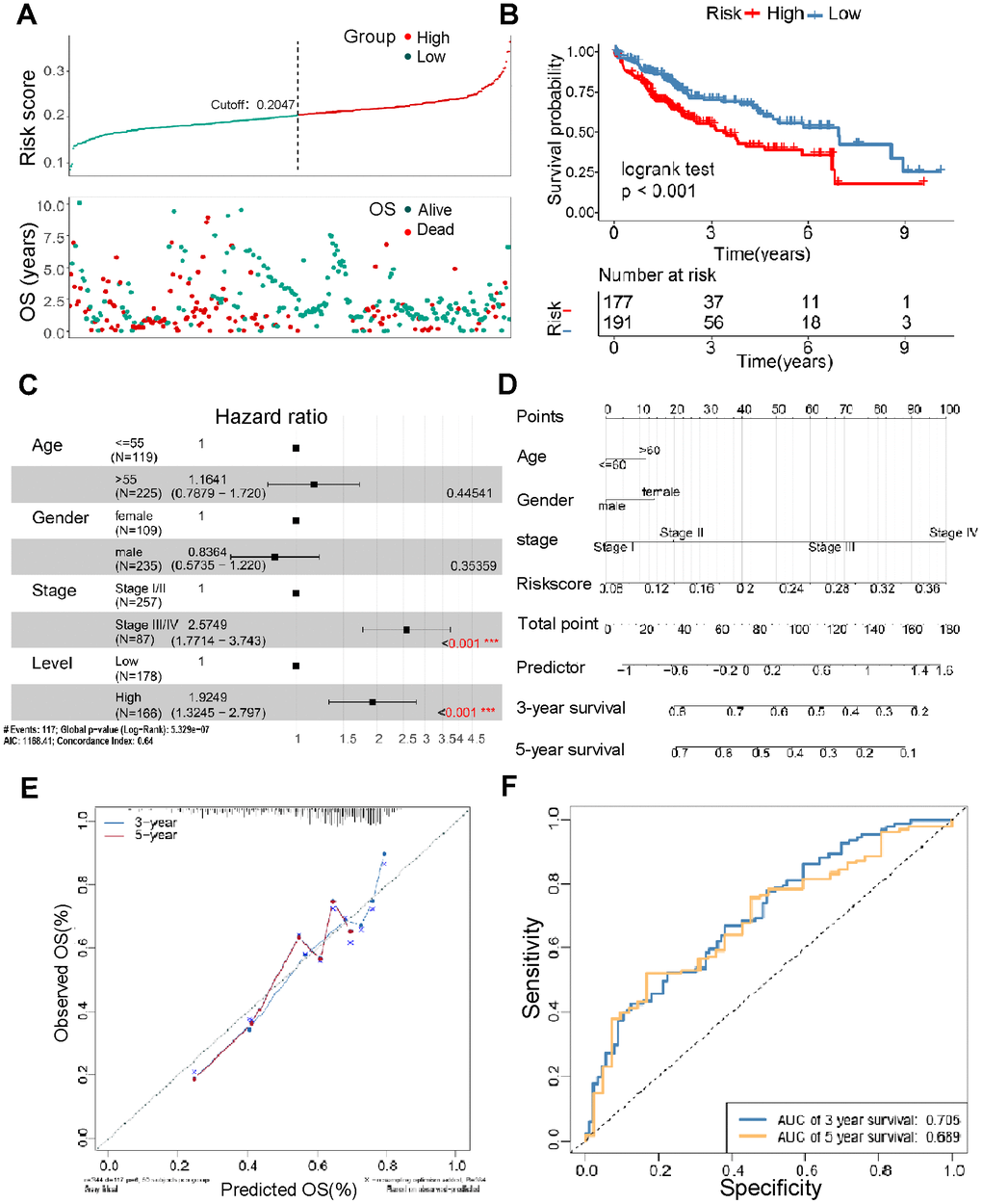 Construction of the TM4SFs-based risk score for prognostic evaluation. (A) The survival time of LIHC patients with different risk scores. (B) The survival curve for the TM4SFs-based risk score of the LIHC cohort in TCGA. (C) Multivariable Cox regression analysis demonstrated that the risk models were independent predictors of prognosis for LIHC patients. (D) A nomogram was constructed using the multivariable analysis results (age, sex, stage, and risk score) to visualize the model. (E) The calibration plots for the 3- and 5-year OS were predicted well in the TCGA cohort. (F) Time-dependent ROC curves of the risk score for predicting 3- and 5-year survival rates in the pooled HCC cohort.