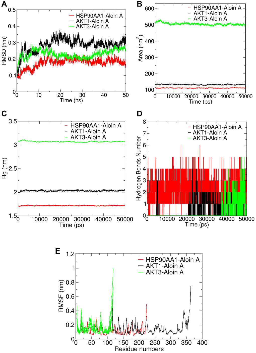 Validation of Aloin A-target interactions by molecular dynamics simulation. (A) Root mean square deviations (RMSD) values. (B) Solvent-accessible surface area (SASA) area analysis. (C) Radius of gyration (Rg) analysis. (D) Hydrogen bond analysis. (E) Root mean square fluctuations (RMSF) values during molecular dynamics simulations.