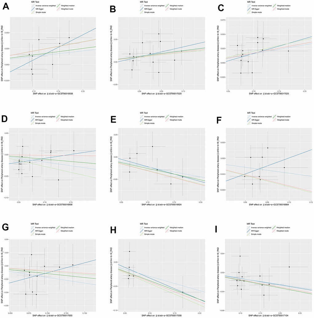 The scatter plots for association between gut microbiota and PAD. (A) family Family XI; (B) genus Lachnoclostridium; (C) genus Lachnospiraceae; (D) class Actinobacteria; (E) family Acidaminococcaceae; (F) genus Coprococcus2; (G) genus Ruminococcaceae UCG004; (H) genus Ruminococcaceae UCG010; (I) order NB1n. Note: SNP effects were plotted into lines for the inverse-variance weighted test (light blue line), MR-Egger (blue line), weighted median (green line), Simple mode (light green line) and Weighted mode (red line). The slope of the line corresponded to the causal estimation.