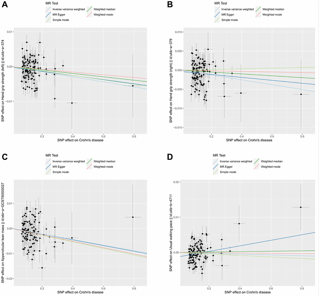 Scatter plot for MR analyses of the causal effect of CD on sarcopenia after removing the pleiotropic outlier SNPs. (A) CD-grip strength (left). (B) CD-grip strength (right). (C) CD-ALM. (D) CD-Walking pace.