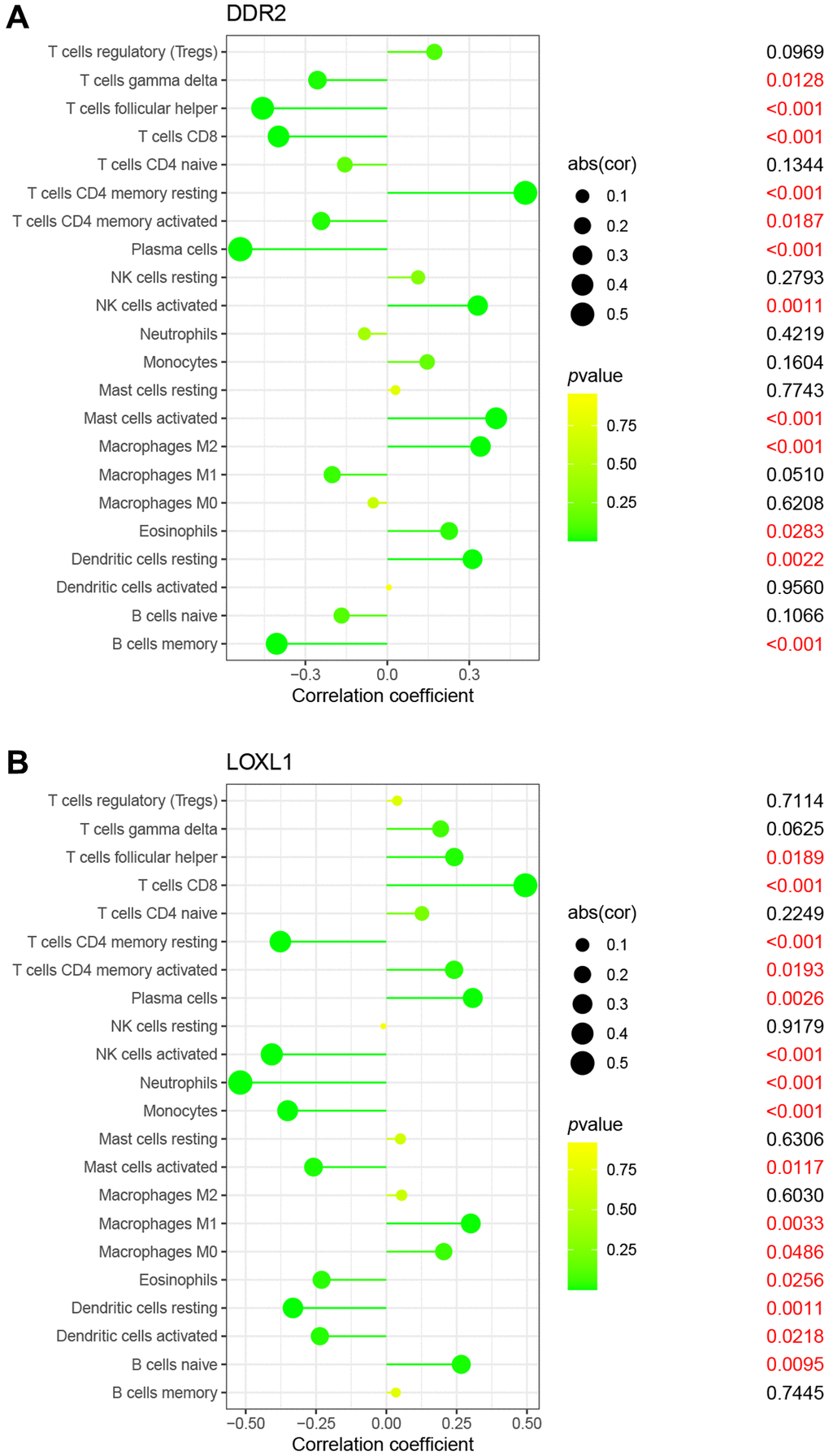 Correlation between DDR2 (A), LOXL1 (B), and infiltrating immune cells in RA and normal samples.