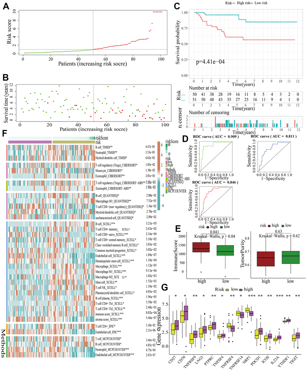 External validation of a MAPK-related signature in test3 cohort. (A) The distinguishment of high- and low-risk subgroups based on the median risk score in train cohort. (B) The distributions of the risk score and survival status. (C) Survival analysis in test3 cohort. (D) ROC curves of 1-, 3-, and 5-year survival. (E) Assessment of TME by “ESTIMATE”. (F) The discrepancies of immune response in high- and low-risk subgroups. (G) The discrepancies of ICD expression in high- and low-risk subgroups.