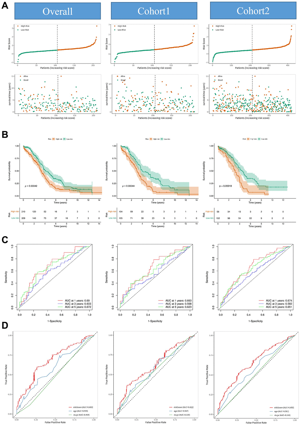 Construction and validation of the prognostic model consisting of anoikis-related lncRNAs. (A) Distribution diagrams showing the risk scores and survival status of the overall cohort, cohort 1, and cohort 2. (B) Kaplan-Meier curves illustrating significant differences in the overall survival rate between the high-risk group and low-risk group in the overall cohort, cohort 1, and cohort 2. (C) ROC curves depicting the predictive performance of the risk model for 1-year, 3-year, and 5-year overall survival in the overall cohort, cohort 1, and cohort 2. (D) ROC curves comparing the AUC (area under the curve) values of the risk score, age, and stage in the overall cohort, cohort 1, and cohort 2.