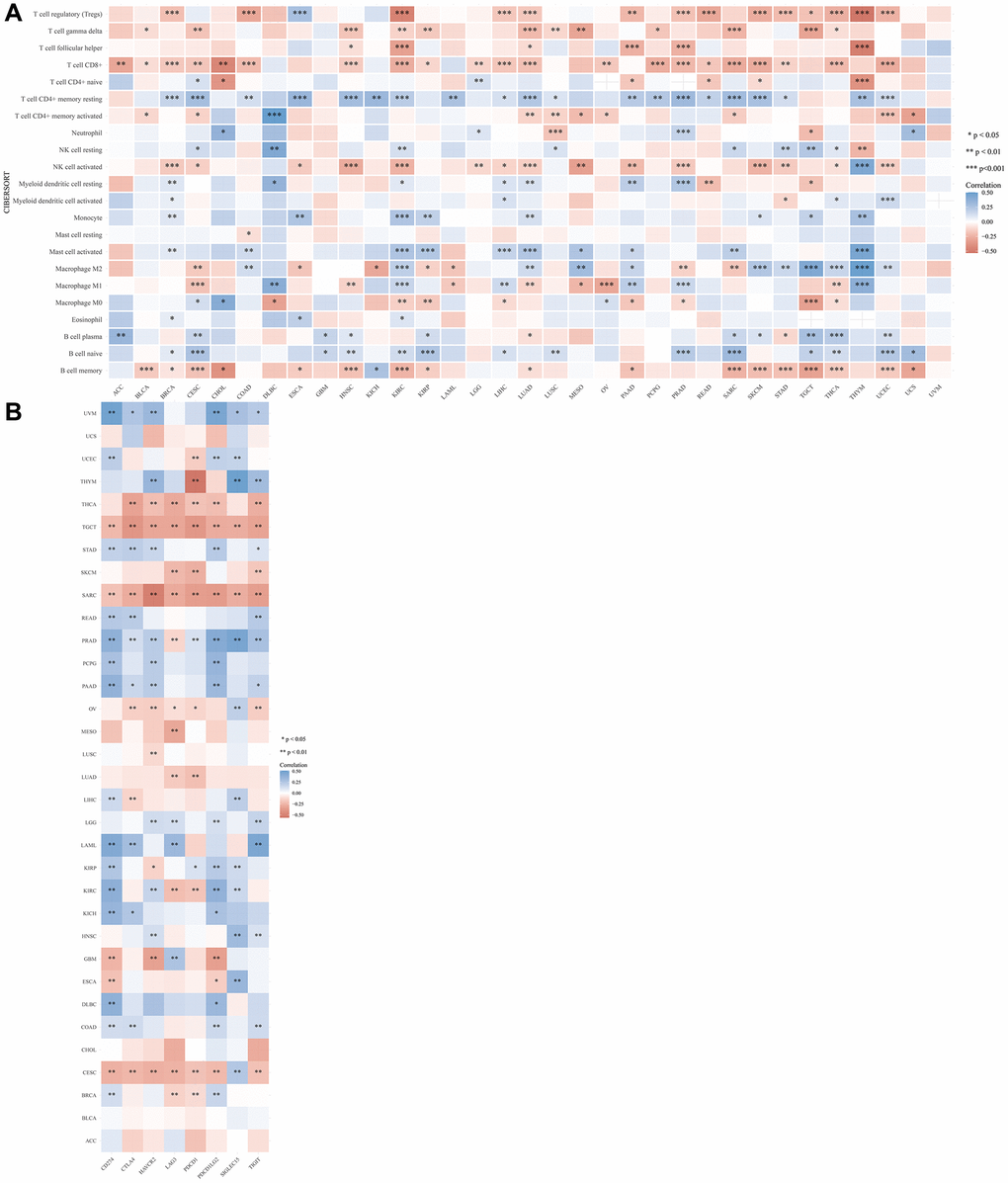 Correlation between LRP6 expression and various immune cells infiltration and expression distribution of immune checkpoint. The heatmap of immune score (A) and immune-checkpoint-related gene expression (B) and LRP6 expression. Each box in the figure represents the correlation analysis between the expression of the LRP6 and the immune score and immune checkpoint in corresponding tumors. *p **p ***p 