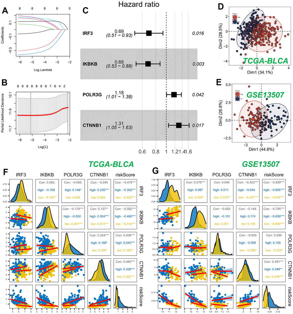 Construction and validation of CRGs prognostic model. (A, B) Nine genes were selected for multivariate regression analysis using Lasso regression. (C) A forest plot was utilized to depict the results of a multivariate Cox regression analysis of CRGs. (D, E) PCA analysis in TCGA cohort. (F, G) Analysis of the correlation between genes of the model and risk score.