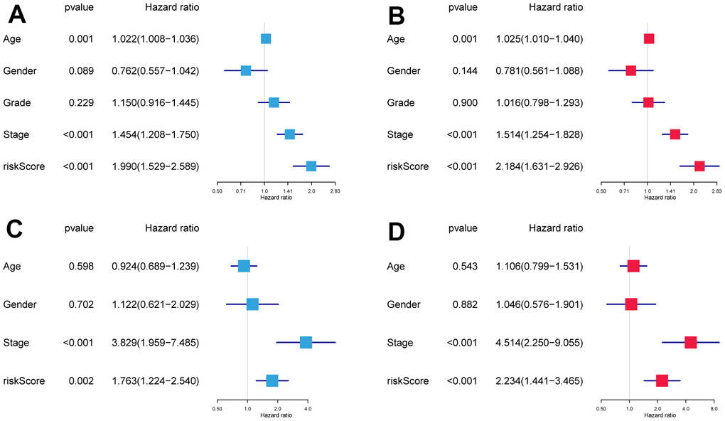 The independence identification of the risk model. Univariate and multivariate Cox regression analysis has been performed in the TCGA cohort (A, B) and GSE41613 cohort (C, D).