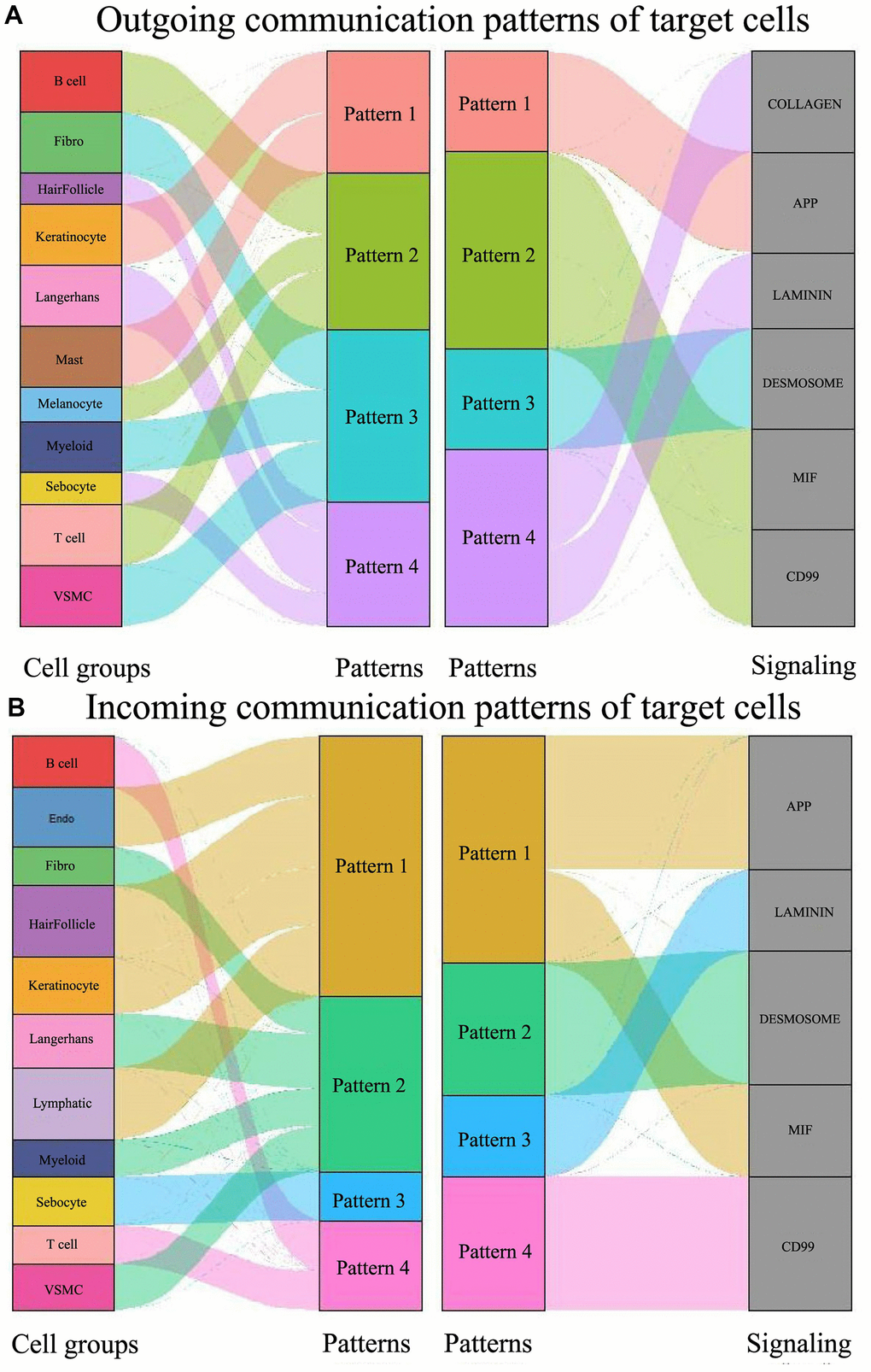 Global signal pattern of each subtype of cells in psoriasis. (A) Signal outgoing pattern. (B) Signal incoming pattern.