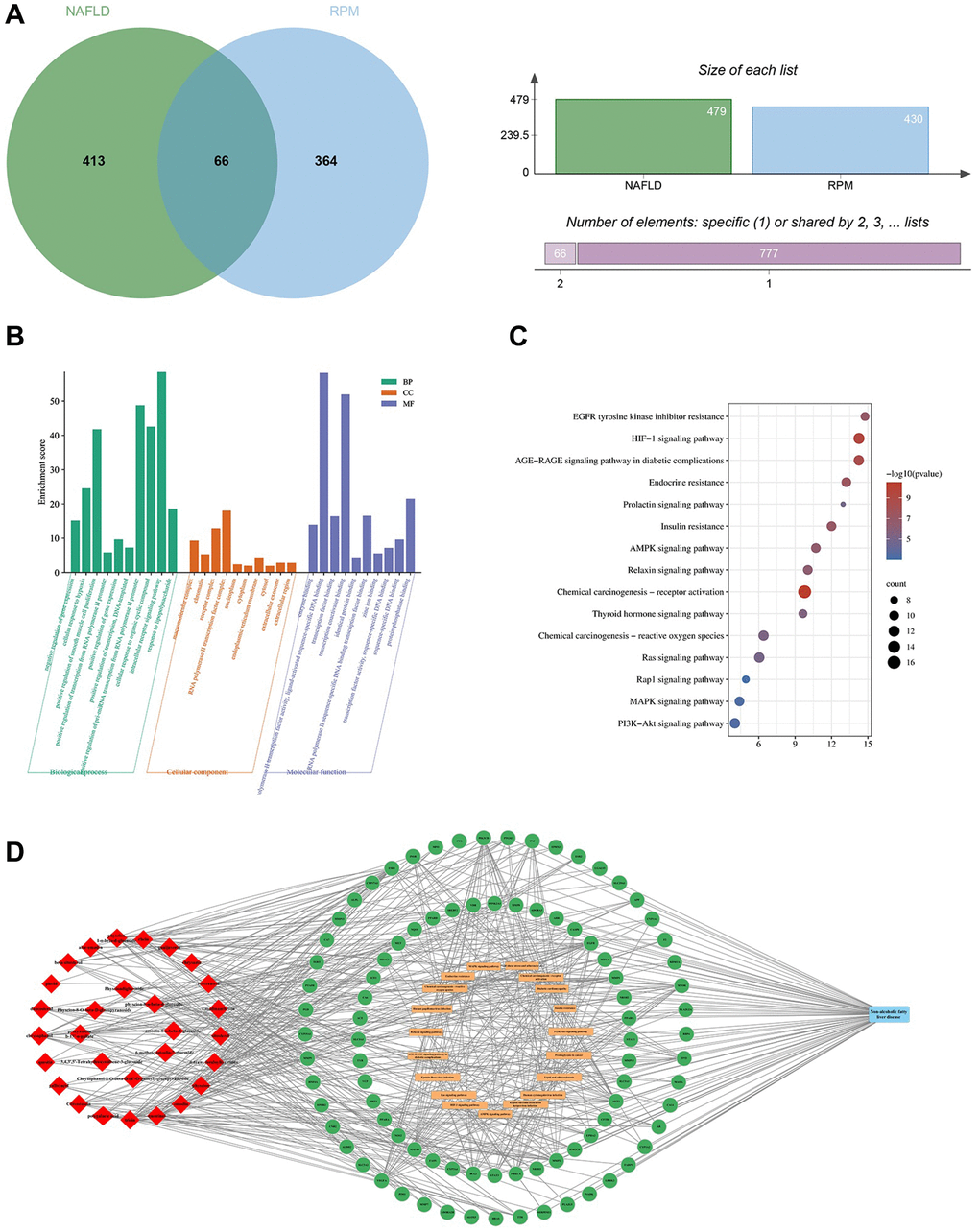 Enrichment analysis of the anti-NAFLD mechanisms of PRPM. (A) Sixty-six common targets of NAFLD and PRPM. (B) The top 10 significantly enriched (p C) The top 15 pathways with significant enrichment (p D) Ingredient-target-pathway network of PRPM. The red rhombuses indicate ingredients, the green circles indicate targets, and the orange rounded rectangle indicates pathways.