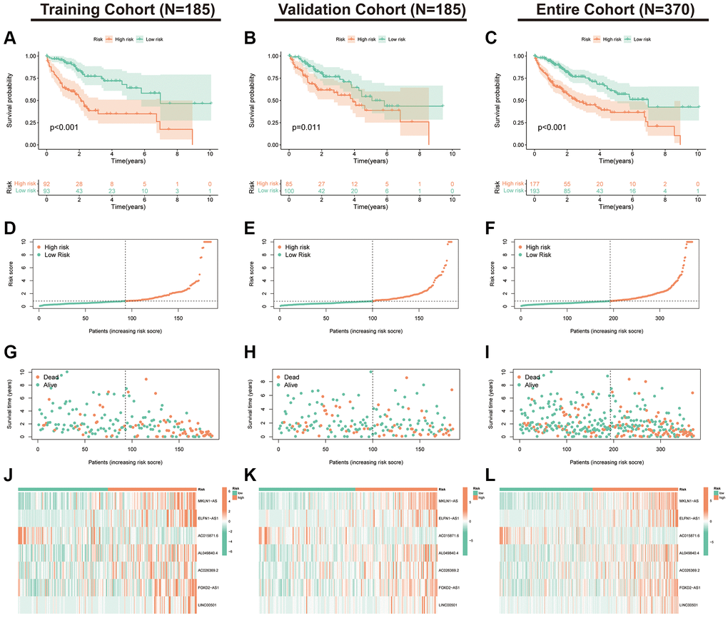 Validation of the PANRI in hepatocellular carcinoma. (A–C) Kaplan–Meier curves for overall survival in the training (N = 185), validation (N = 185) and entire (N = 370) cohorts. (D–F) Risk score distribution in the three cohorts. (G–I) Survival status in the three cohorts. (J–L) Heatmap of the expression of the seven PANoptosis-related lncRNAs in the three cohorts.