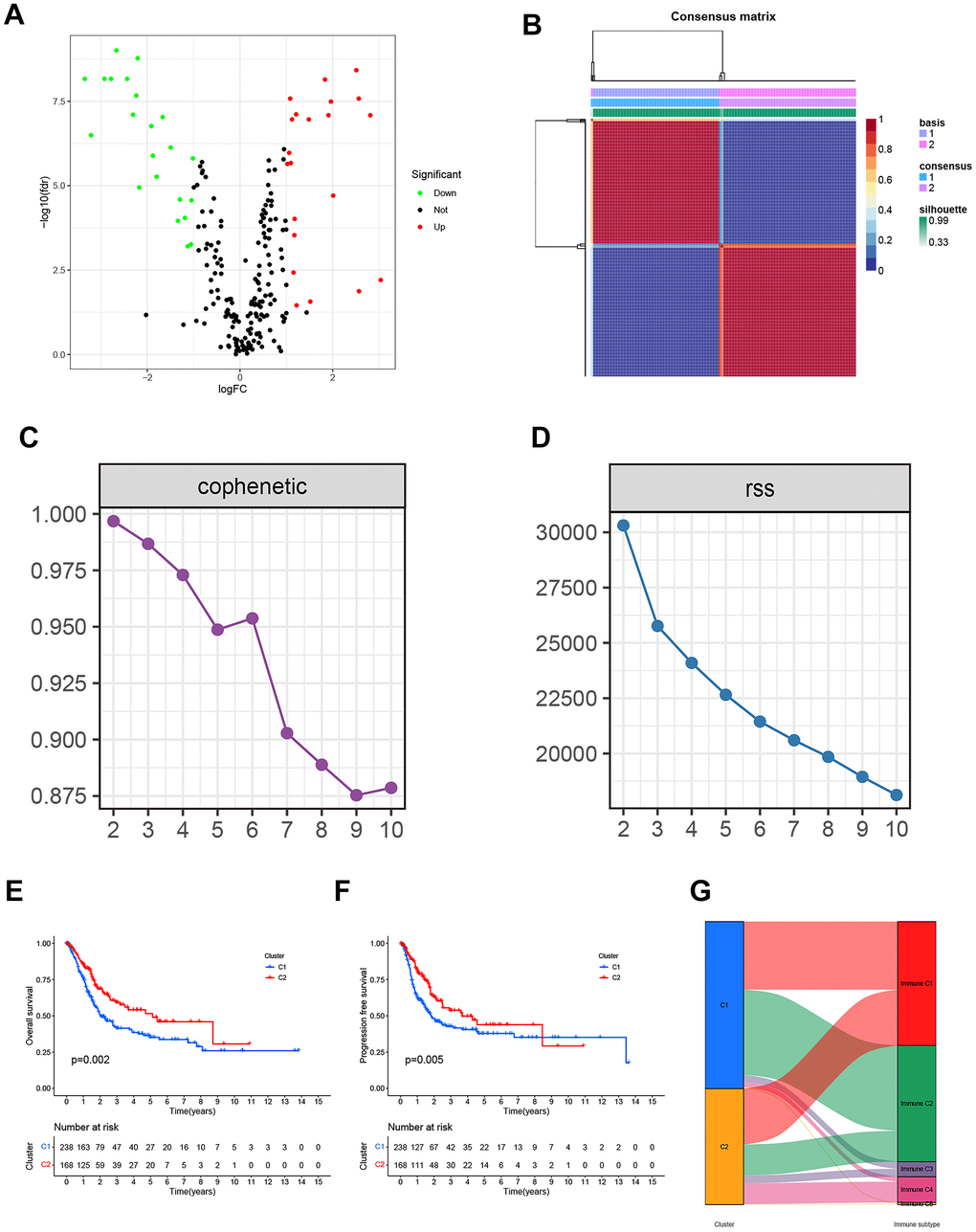 (A) The Volcano plot of differentially expressed genes from the BLCA patients in the TCGA database. (B) Non-negative matrix factorization (NMF) algorithm-based Consensus map clustered. (C) The stability of the cluster obtained from NMF was determined by the cophenetic correlation coefficient. (D) The clustering performance of the model was measured by RSS. (E, F) The statistical differences between C1 and C2 in overall survival (OS) and progression-free survival (PFS). (G) The mapping relationship of C1 and C2 to molecular subtypes was exhibited in the Alluvial plot.