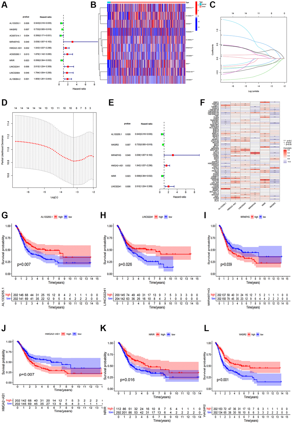 Construction of the NRlncRNAs risk model. (A) The forest plot of prognostic lncRNAs obtained by uni-Cox regression analysis; (B) Heatmap of 15 prognostic lncRNAs expression; (C, D) The final NRlncRNAs of the risk model was confirmed from LASSO regression analysis; (E) The forest plot of six NRlncRNAs of the risk model; (F) Correlations between NRlncRNAs of the risk model and necroptosis-related genes; (G–L) Kaplan–Meier curve of OS analyzed for the six NRlncRNA.