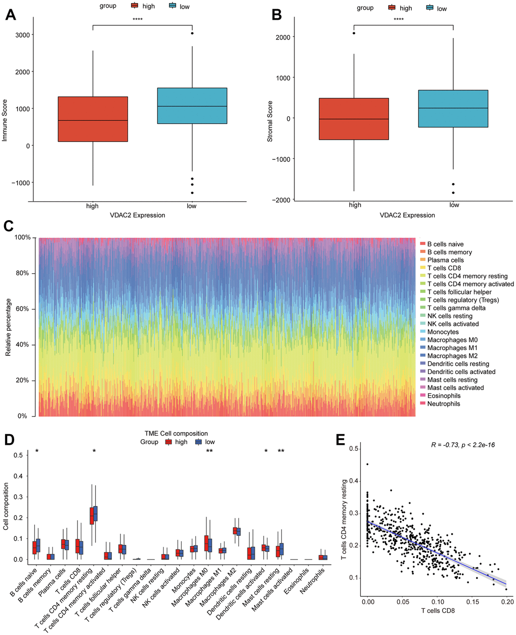 The correlation between VDAC2 and tumor microenvironment in NSCLC. (A, B) The stromal score (A) and immune score (B) between high and low VDAC2 expression groups. (C, D) The correlation of VDAC2 with immune cells infiltration. (E) The correlation between T cells CD8 and T cells CD4 memory resting in NSCLC. * p ppp