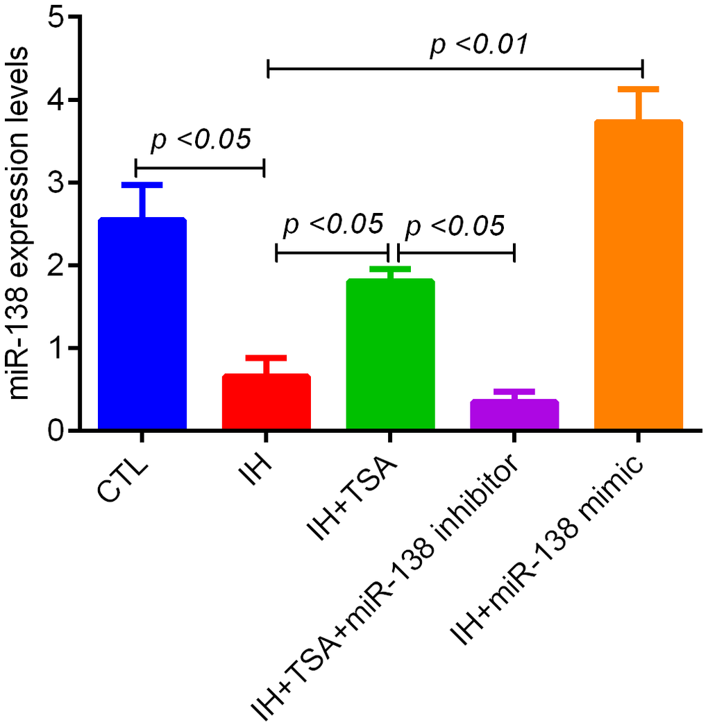 Effect of TSA on miR-138 levels in IH-exposed xenograft mice. RT-qPCR results demonstrate the miR-138 expression of tumor tissue between different groups.