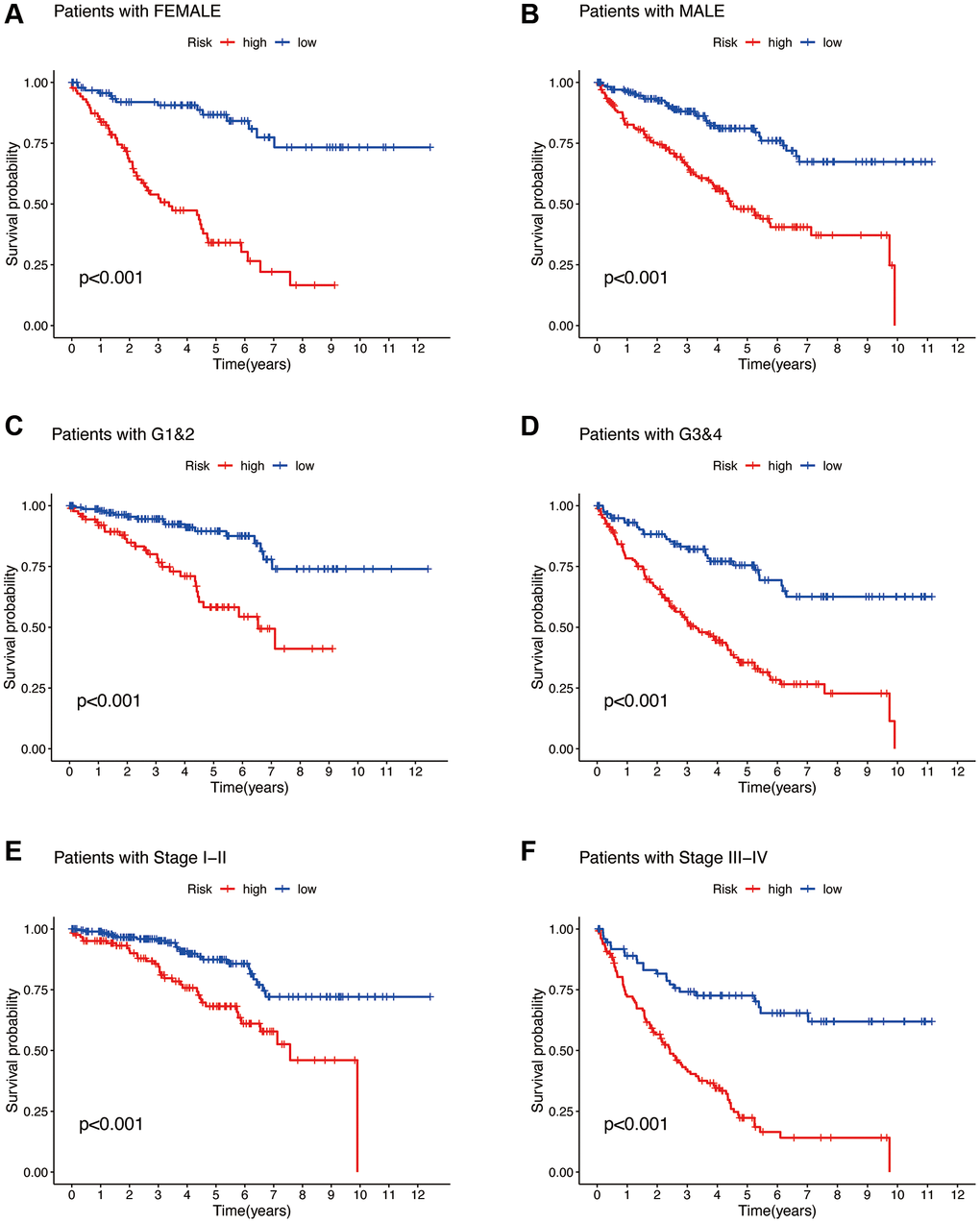 Clinical subgroup analysis of the risk model. Gender (A, B). Tumor grading (C, D). Tumor staging (E, F).