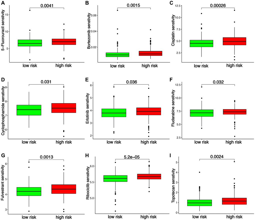 T cell-related signature (TRS)-based treatment strategy for ovarian cancer. The IC50 values of 5-Fluorouracil (A), Bortezomib (B), Cisplatin (C), Cyclophosphamide (D), Erlotinib (E), Fludarabine (F), Fulvestrant (G), Ribociclib (H) and Topotecan (I) in different risk score group of ovarian cancer.