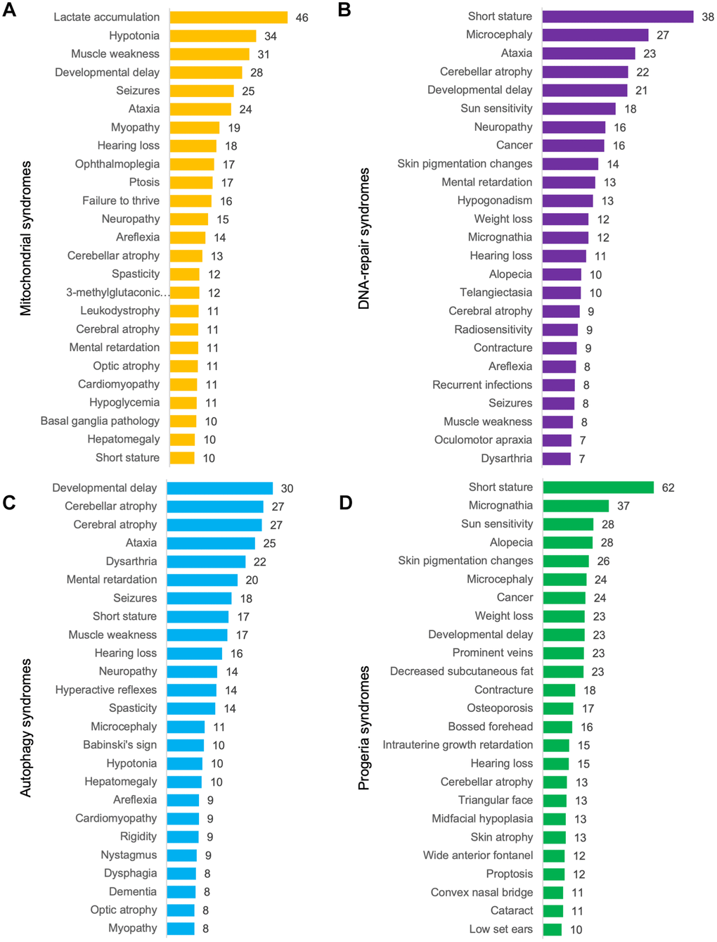 Mean prevalence of phenotypes. (A) Mitochondrial syndromes, (B) DNA-repair syndromes, (C) syndromes with abnormal autophagy and (D) progeroid syndromes.