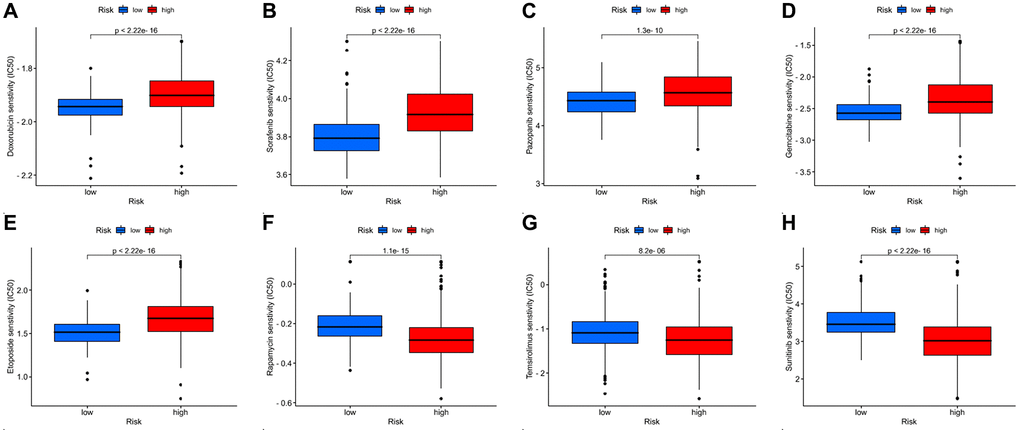 Drug susceptibility analysis for chemotherapeutic agents commonly used in the clinic. (A–H) Doxorubicin, sorafenib, pazopanib, gemcitabine, etoposide, rapamycin, temsirolimus, and sunitinib.