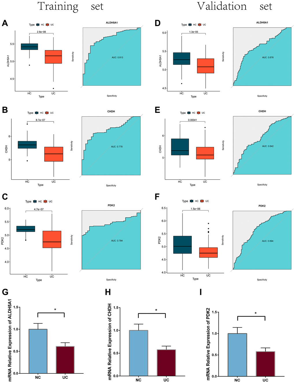 (A–C) The mRNA expression levels of the feature genes in the training cohort, as well as their ROC curves. (D–F) expression levels and ROC curves for the feature genes present in the training cohort. (G–I) the mRNA expression of three feature genes were validated using the LPS-induced NCM460 cells.