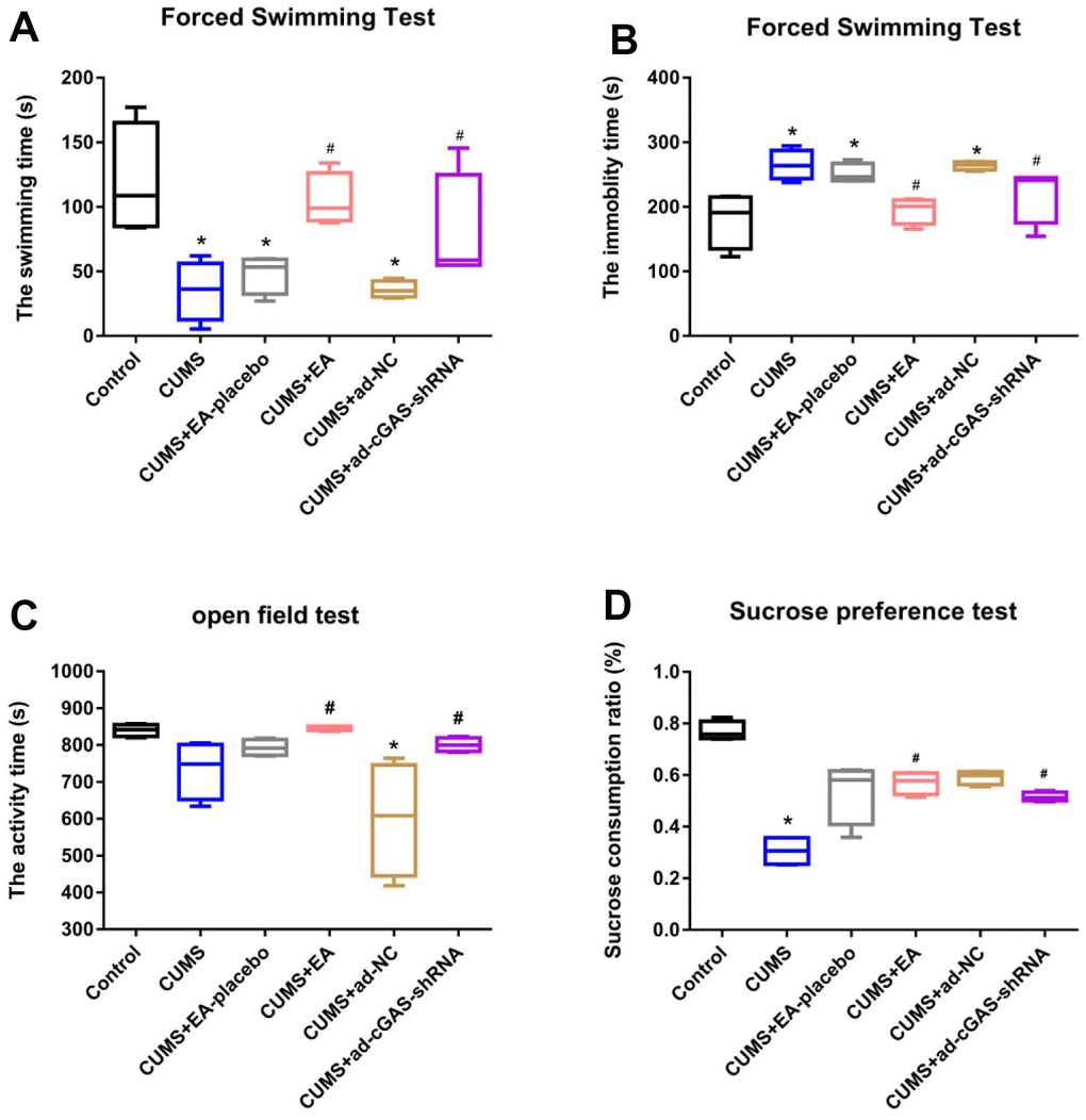 The depression symptoms in mice were significantly alleviated by EA and knockdown of cGAS. (A) Swimming time in the forced swimming test; (B) The immobility time in the forced swimming test; (C) The activity time in the open field test; (D) The sucrose consumption ratio in the sucrose preference test (*p