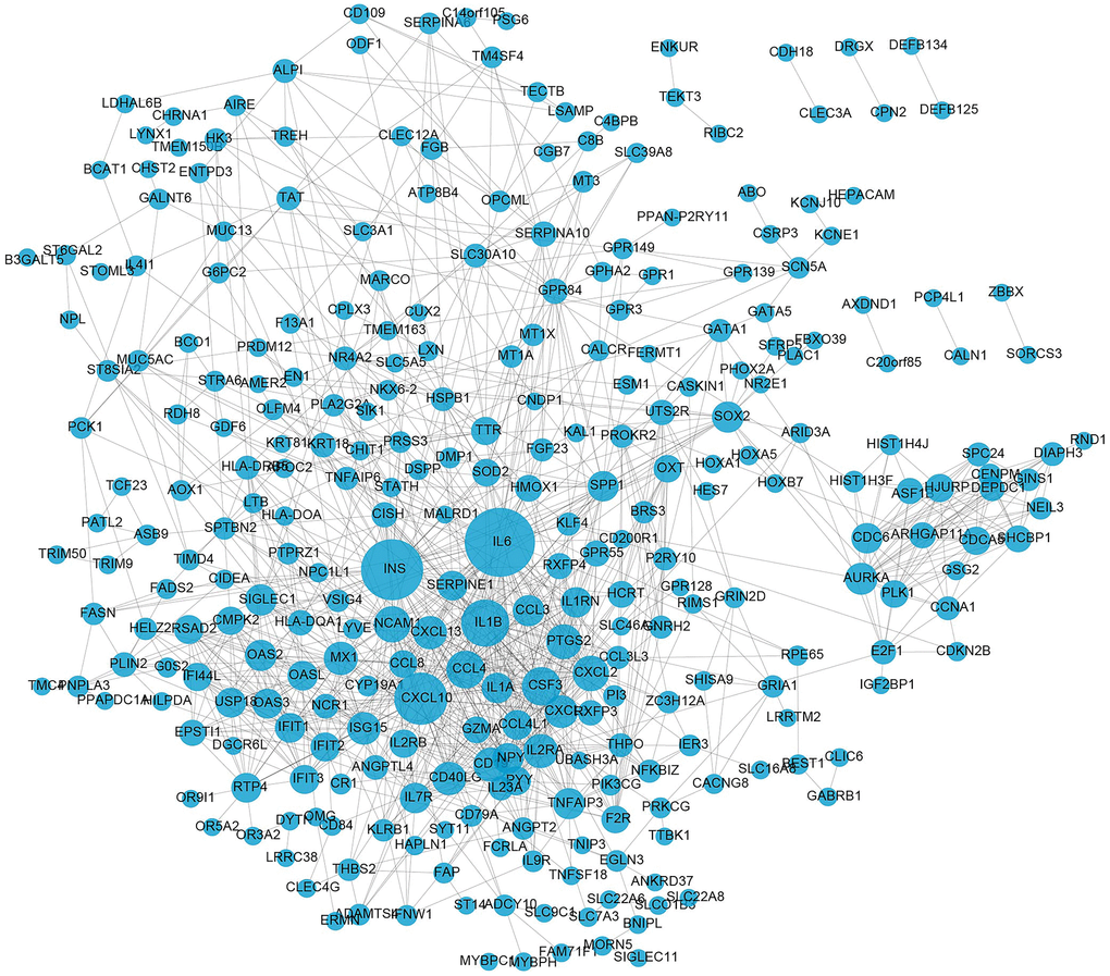 PPI network construction of DE-mRNAs. The circles represent differentially expressed mRNAs. The size of the circle signifies the extent of interactions (degree) a gene has with others. The larger the circle, the greater the number of interactions it has.