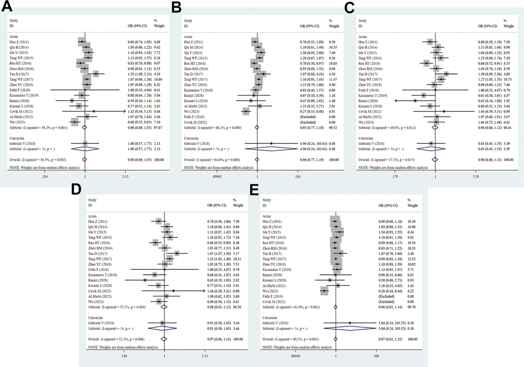 Forest plot for the association between PD-1.9 gene polymorphism and cancer risk under all the five models. For each publication, the estimation of OR and its 95% CI was plotted with a box and a horizontal line. The diamonds represented the pooled ORs and 95% CIs. (A) Allele model; (B) homozygote model; (C) heterozygote model; (D) dominant model; (E) recessive model.