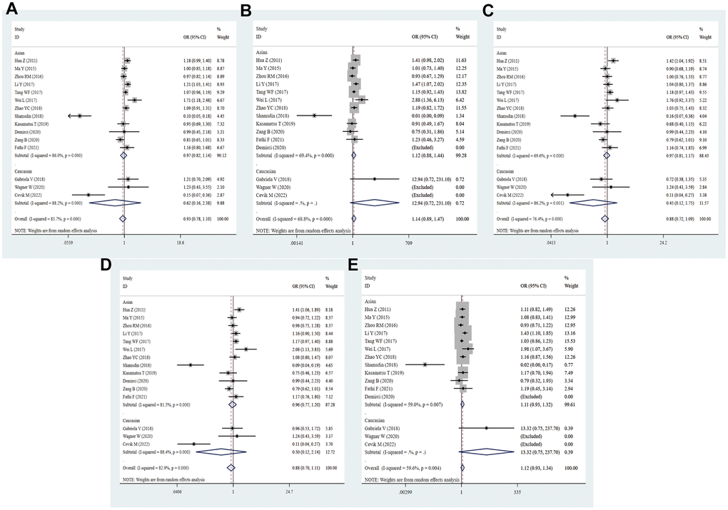 Forest plot for the association between PD-1.1 gene polymorphism and cancer risk under all the five models. For each publication, the estimation of OR and its 95% CI was plotted with a box and a horizontal line. The diamonds represented the pooled ORs and 95% CIs. (A) Allele model; (B) homozygote model; (C) heterozygote model; (D) dominant model; (E) recessive model.