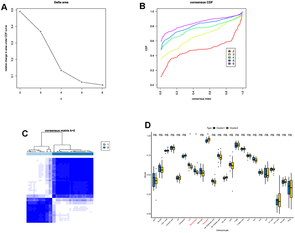 Consensus clustering of IS patients based on DECGs. (A) Delta area plot displaying the relative change in area under CDF curve between K and K-1. (B) Cumulative distribution function (CDF) plot showing consensus clustering under K = 2, 3, 4, 5, 6, and when K = 2, the classification is stable. (C) Consensus matrix at K = 2. The values of the consensus matrix are shown in white to dark blue from 0 (impossible to be clustered together) to 1 (always clustered together), and the consensus matrix was arranged according to the consensus clustering (dendrogram above the heatmap). The bars between the dendrogram and heatmap represent the molecular subtypes. All results in A-C indicate that the sample clustering was stable and robust that the boundary of the consensus matrix was clear. (D) Box plot showing the difference of the proportions of 28 immune cells between cluster 1 and cluster 2. In the x-axis, the significant differentially infiltrated immune cells were marked in red color. The value shown in the y-axis was the enrichment score of immune cells calculated by ssGSEA. *p nsp > 0.05.