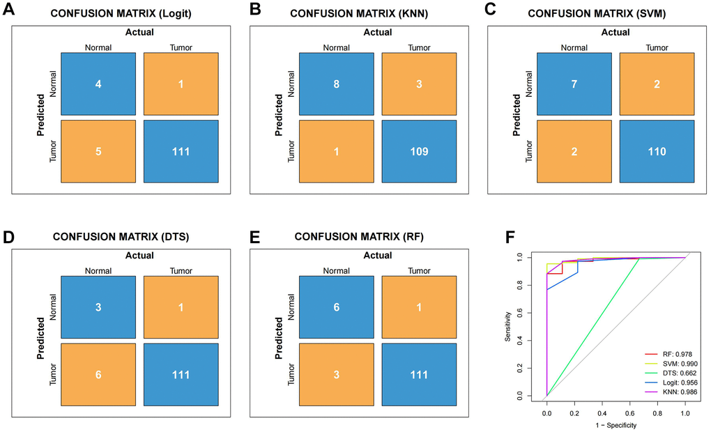 To verify the reliability of different machine learning algorithms. (A) Confusion matrix of Logit machine learning algorithm. (B) Confusion matrix of KNN machine learning algorithm. (C) Confusion matrix of SVM machine learning algorithm. (D) Confusion matrix of DTS machine learning algorithm. (E) Confusion matrix of RF machine learning algorithm. (F) The ROC curve of different machine learning.