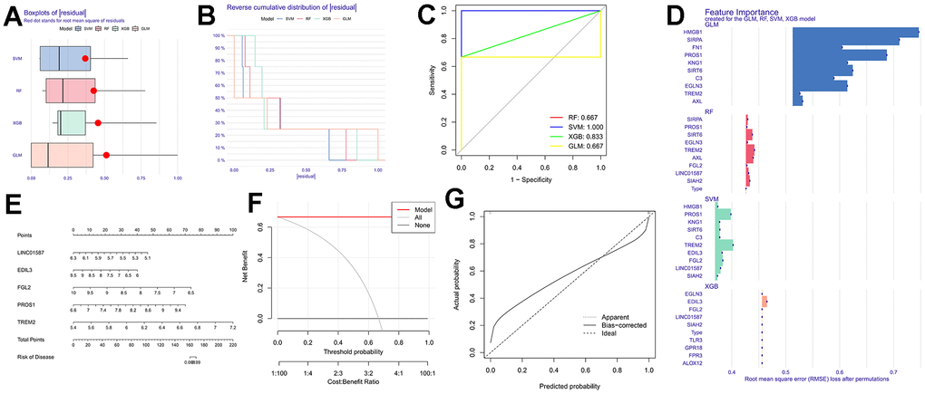 Construction of machine learning models. (A) The cumulative residual distribution of the four models; (B) Residual boxplots of the four machine learning models, where the red dots indicate the root mean square of the residuals; (C) ROC analysis of four machine learning models with 5-fold cross-validation in the test set; (D) The important features in SVM, RF, XGB, and GLM; (E) Construction of a nomogram to predict DFU risk based on a 5-gene SVM model; (F, G) Calibration curves.