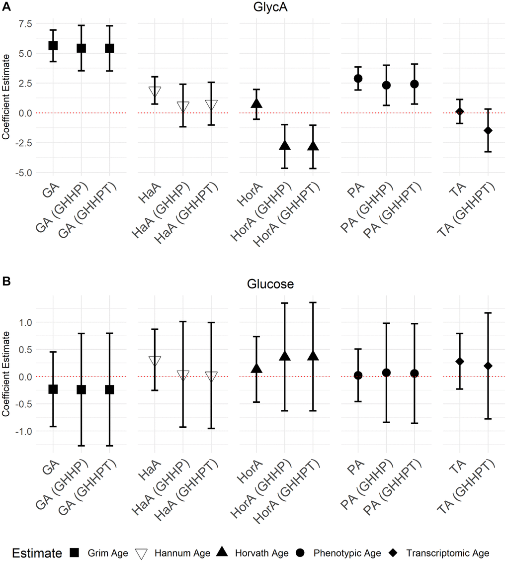 Models of associations between GlycA and glucose NMR biomarkers and accelerated ages of epigenetic and transcriptomic biomarkers. Models were run with aging biomarkers (Abbreviations: GA: GrimAge; HaA: Hannum Age; HorA: Horvath Age; PA: Phenotypic Age; TA: Transcriptomic Age) and then adjusted for other aging biomarkers. Models with epigenetic aging biomarkers were adjusted for GrimAge, Hannum Age, Horvath Age, and Phenotypic Age (GHHP). Models with transcriptomic and epigenetic biomarkers were adjusted for GrimAge, Hannum Age, Horvath Age, Phenotypic Age, and Transcriptomic Age (GHHPT). Error bars represent a 95% confidence interval. (A) is the association between GlycA and the aging predictors and (B) displays the association between glucose and the aging predictors.