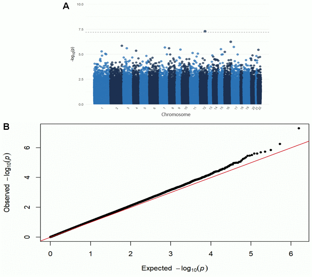 Manhattan (A) and QQ plot (B) from the EWAS of DNAm with the ADI. Adjusted for race, sex, educational attainment, age at death, APOE genotype, cell type, and post-mortem interval. Bonferroni-threshold: 0.05/789889 = 6.33e-8 (λ=0.94).